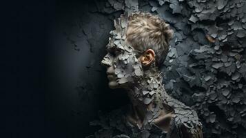 Fantasy portrait in profile of cracked young man in a hole in the wall. photo