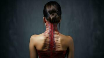Digital composite of back of asian woman with highlighted spine against grey wall. photo