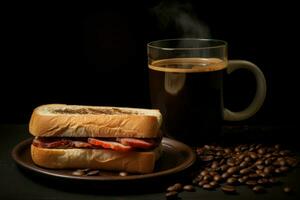 Hearty Hot coffee mug with sandwich. Fast food photo