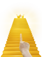 Hand pointing at the golden crown on the golden staircase PNG transparent