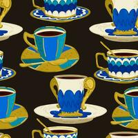 Vector seamless pattern with cups of coffee and lettering on dark background