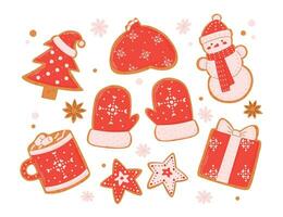 Winter homemade gingerbread cookies different shapes with red and white glaze. vector