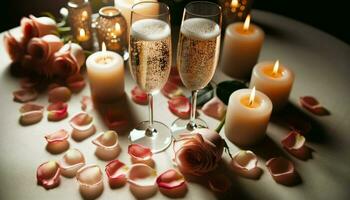 A table for two with candles, rose petals scattered, and wine glasses filled with sparkling champagne.. Generative AI photo