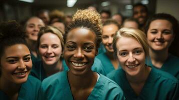 Smiling young medical professionals in a group setting.. Generative AI photo