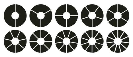 Circle division on 2, 3, 4, 5, 6, 7, 8, 9, 10, 11 equal parts. Wheel round divided diagrams with two, three, four, five, six, seven, eight, nine, ten, eleven segments. Infographic set. Coaching blank. vector