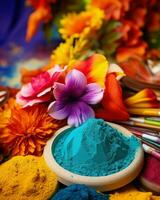 Vibrant hues of Holi powder dance in bowls against a serene backdrop, creating a vivid celebration of colors.. Generative AI photo