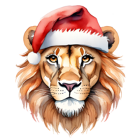 de fête aquarelle art de une Lion portant une Père Noël chapeau pour Noël. ai génératif png