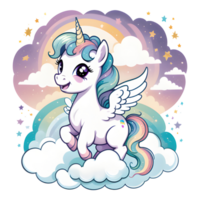 schön Karikatur Zeichen Baby Einhorn mit Flügel, Magie auf Wolken. ai generativ png