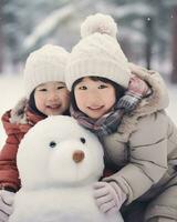 un grupo de asiático niños haciendo un muñeco de nieve. generativo ai foto