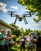 A person using a drone in his garden. Generative AI photo