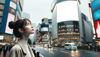 un modelo mirando arriba a un blanco cartelera en un ocupado ciudad calle.. generativo ai foto