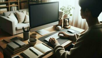 A person in a home office environment, working on a computer with a blank screen, with office supplies around.. Generative AI photo