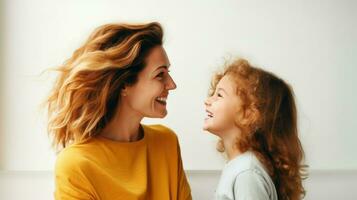 Mother and little girl looking at each other and laughing. Generative AI photo