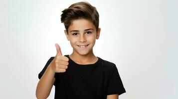 pequeño chico en un negro camiseta haciendo el bueno firmar con su dedo. generativo ai foto