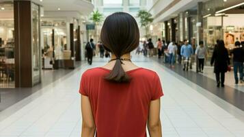joven asiático mujer caminando en un compras centro comercial. generativo ai foto