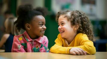 African American and Caucasian little girls having fun in the classroom. Generative AI photo