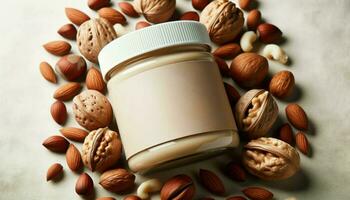 Close-up photo of a single organic nut butter jar, its creamy beige surface reflecting the nut brown shades of the various nuts. Generative AI