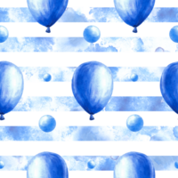 Blue air balloon with bubbles peas seamless pattern on watercolour stripes. Its a baby boy, newborn birthday party Hand painted watercolor illustration.  Wrapping, wallpaper png