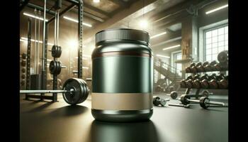 Close-up shot of modern protein powder jars in distinctive gym steel and protein beige design colors, indicating their readiness for branding.. Generative AI photo