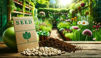 Close-up photo of blank organic seed packets prominently displayed in the foreground, featuring a garden green and soil brown color palette.. Generative AI