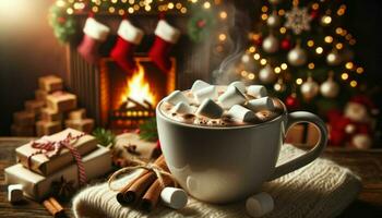a steaming cup of hot cocoa against a warm and cozy backdrop. Marshmallows float atop the cocoa. Generative AI photo