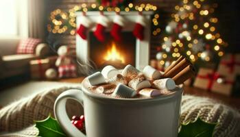 Wide close-up of a steaming mug of hot cocoa, topped with melting marshmallows and a sprinkle of cinnamon. In the soft-focus background. Generative AI photo