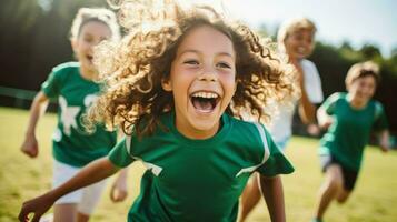 Children playing soccer on a sunny day.. Generative AI photo