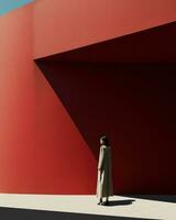 mujer en Saco en contra rojo pared en minimalista configuración.. generativo ai foto