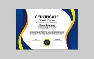 certificado modelo en azul y naranja resumen estilo para apreciación de negocio, educación. certificado diseño para apreciación. vector