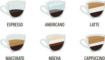 Coffee menu for cafe. Vector collection beverages. Cup espresso, americano and latte. Mug with macchiato mocha, cappuccino.