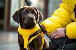 A guide dog helps a blind man on the street generative ai photo