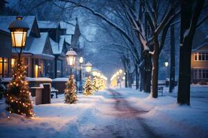 evening snow-covered alley with warm street lamps generative ai photo