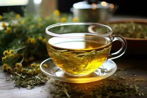 transparent cup with soothing chamomile tea on a wooden table close-up generative ai photo