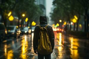 a man with a backpack walks along an evening road in the rain generative ai photo