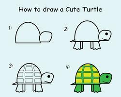 Step by step to draw a Turtle. Drawing tutorial a Turtle. Drawing lesson for children. Vector illustration