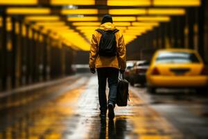 young man with luggage walks along the road next to a taxi generative ai photo