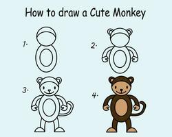 Step by step to draw a Cute Monkey. Drawing tutorial a Cute Monkey. Drawing lesson for children. Vector illustration