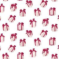 Seamless pattern white gift boxes with red bow and ribbon. Holiday present boxes. Template for greeting card on Christmas, New Year, birthday and anniversary vector