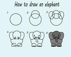 Step by step to draw an elephant. Drawing tutorial an elephant. Drawing lesson for children. Vector illustration