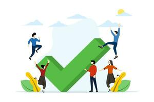 Concept of happy employee celebrating completed task near big check mark. Goal achieved. Achieve personal and business goals. Plan achieved. Successful implementation of business tasks. vector