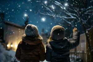 niños en el calle mirando a el cielo a el que cae nieve generativo ai foto