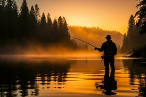 silhouette of a fisherman on the evening river and with the light of the setting sun ai generative photo