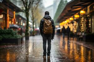 a man with a backpack walks along an evening road in the rain generative ai photo
