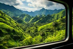 beautiful view of summer mountains and green meadow from the train window ai generative photo