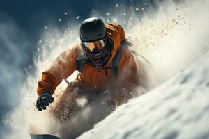 atleta Snowboarding en nieve bosque generativo ai foto
