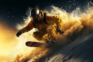 a snowboarder slides down a snowy mountain on a snowboard generative ai photo