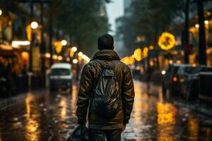 a man with a backpack walks along an evening road in the rain generative ai photo