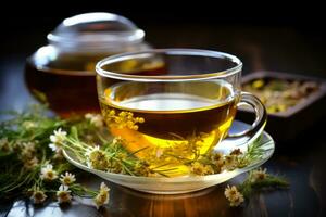 transparent cup with soothing chamomile tea on a wooden table close-up generative ai photo