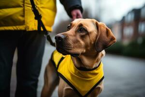 A guide dog helps a blind man on the street generative ai photo