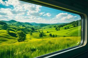 summer green meadow from the train window generative ai photo